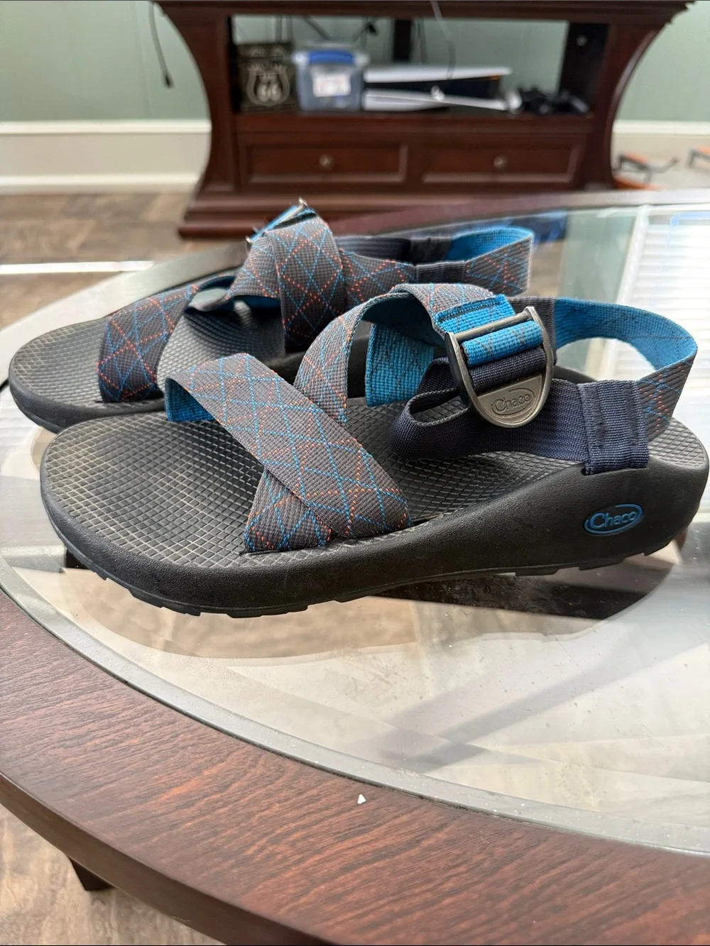 Chaco Men's Black Footbed Sandals with Blue Patterned Straps
